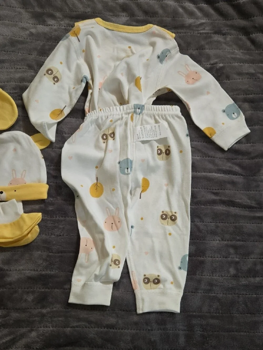 Yellow-Trim Animal Print Baby 2-Piece Set With Hat, Booties, & Mittens